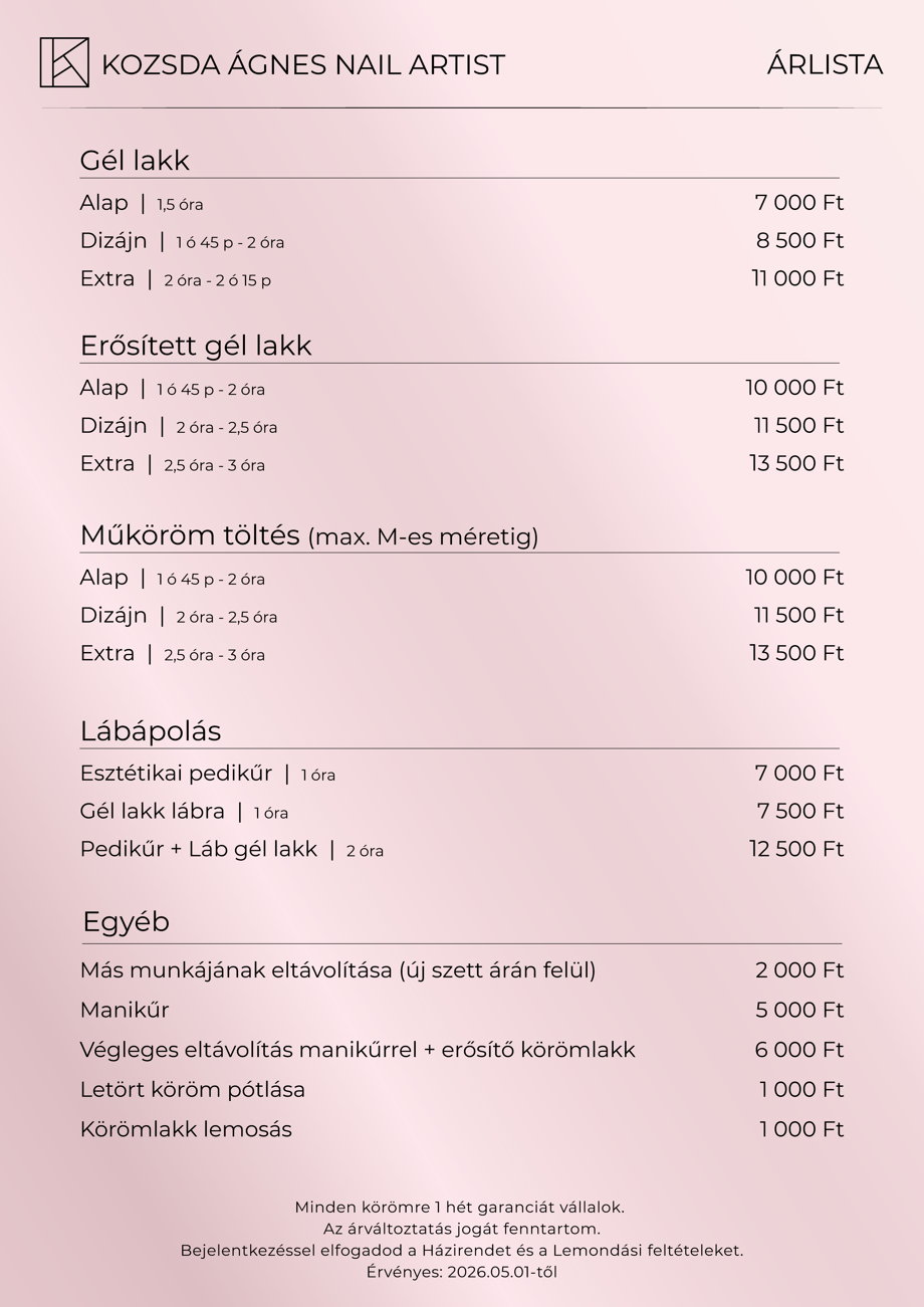 Műköröm és gél lakk árlista