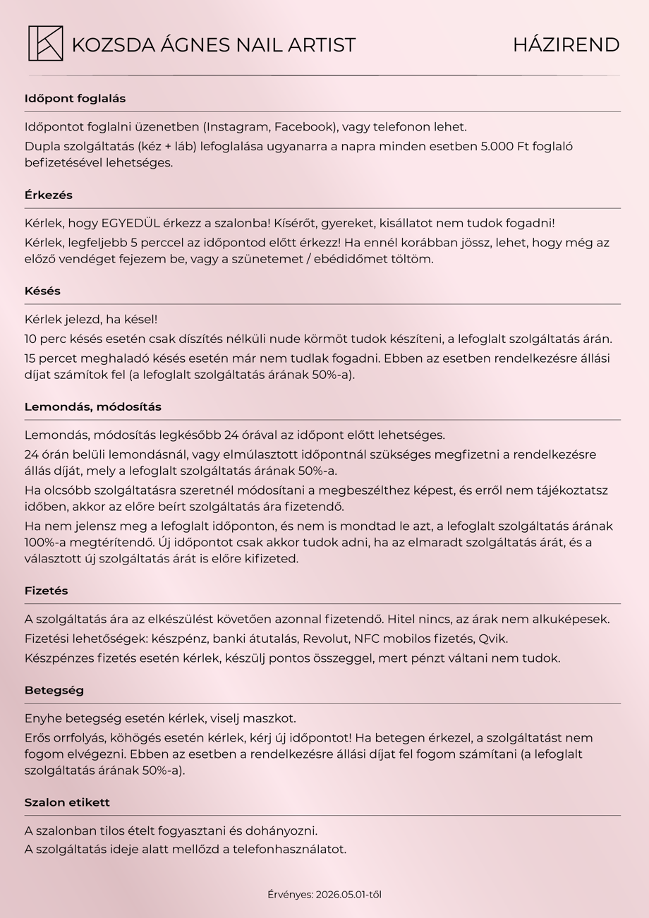 Kozsda Ágnes műköröm szalon házirendje – időpontfoglalás és lemondási feltételek